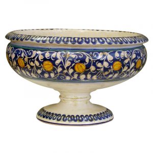 Centro tavola con piede in ceramica decoro "Ornato Blu Cinquecentesco"